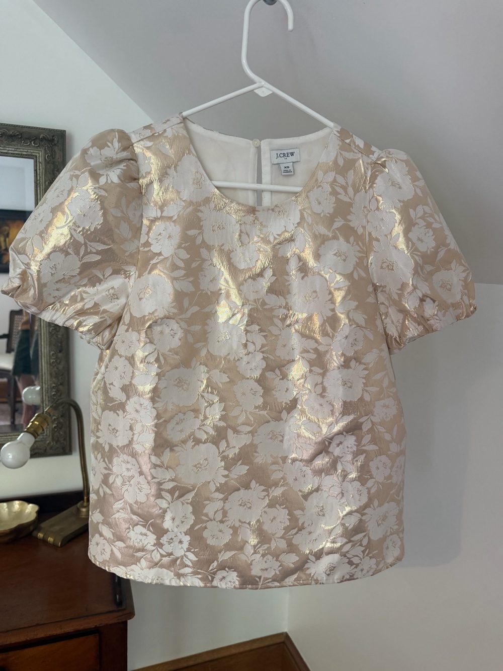 J. Crew Cream and Gold Floral Brocade Puff-Sleeve Top